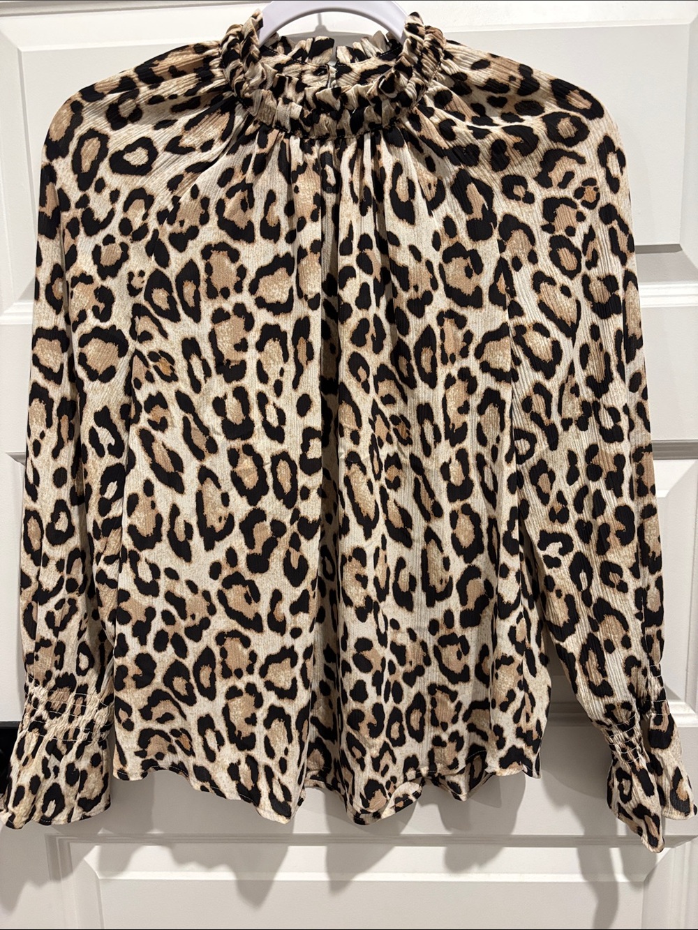 Loft Leopard Print Long-Sleeve Blouse in Beige and Black Sz XS